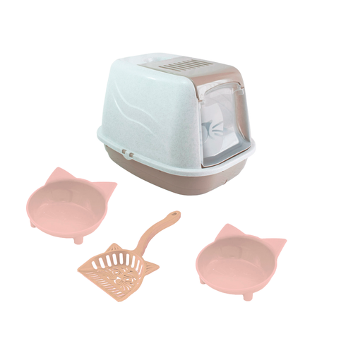 Arenero Iglú Para Gato + 2 Comederos + Pala Y Filtro Muplast Azul